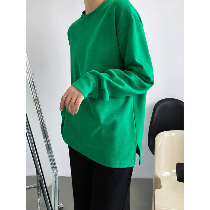 Spring Korean Simple Solid Color Long Sleeved T Shirt Women Loose Casual Brushed Cotton Round Neck Top