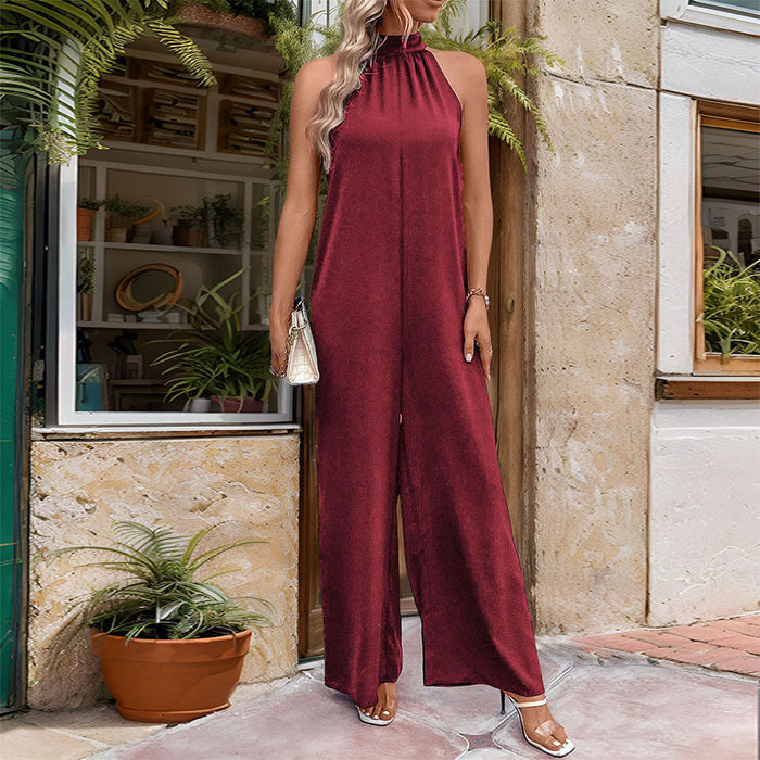 Summer Women Halter Solid Color Straight Jumpsuit