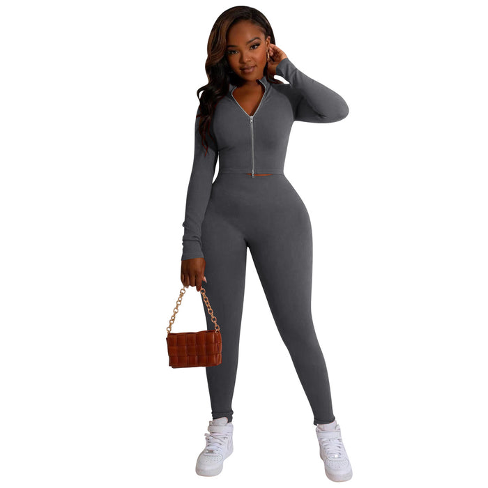 Women Clothing Solid Color Double Zipper Sunken Stripe Two Piece Set Women Clothing