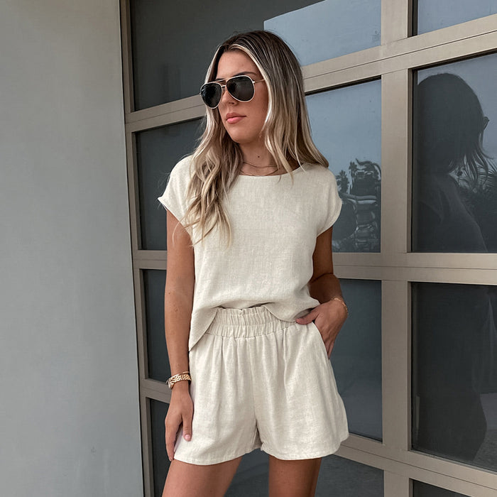 Summer Elegant Cotton Linen Drop Shoulder Sleeve Sleeveless Top Shorts Two Piece Set Khaki Casual Women Wear