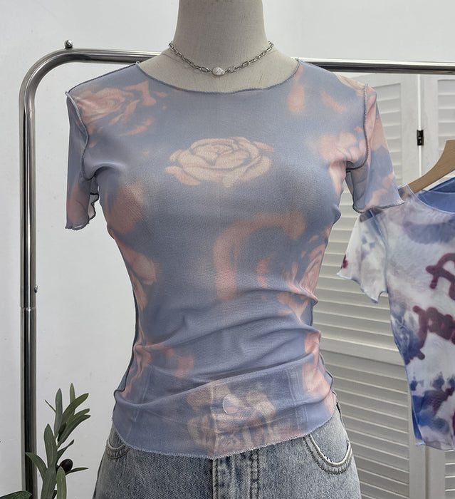 Popular Single Layer Thin Mesh Tie Dyed Printed Slim Fit Short Sleeved T Shirt Women Summer Short Sexy Top