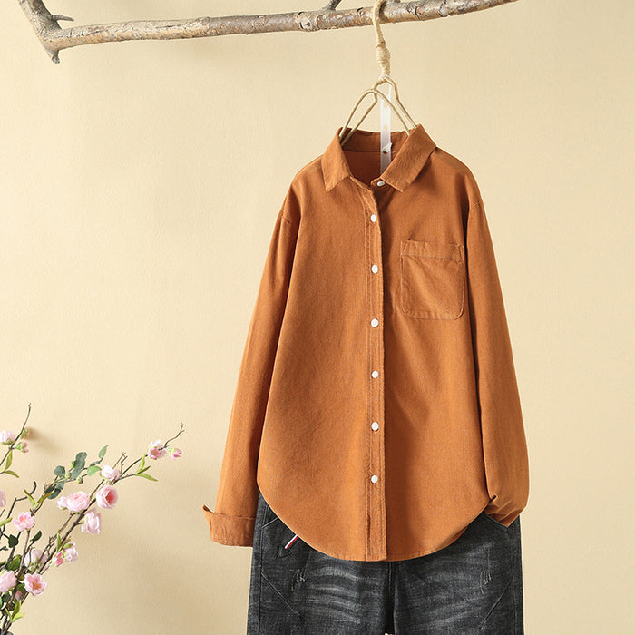 Autumn Winter Long Sleeve Anti Wrinkle Soft Glutinous Collared Brushed Shirt Slimming Corduroy Shirt Loose Top Women