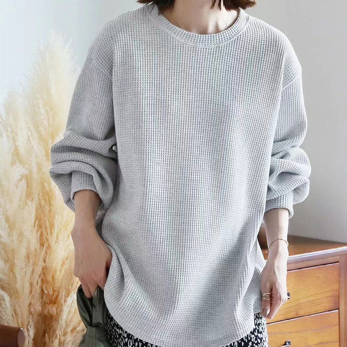 Autumn T shirt Women Loose Casual High Grade Waffle Niche Solid Color Slimming Round Neck Bottoming Shirt Long Sleeve