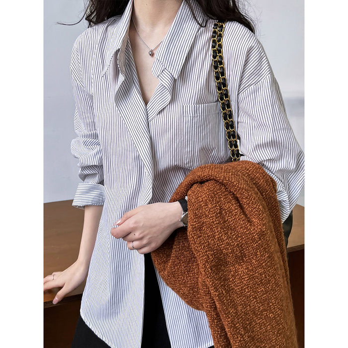 Elegant Striped Shirt Women Autumn Lazy Loose Salt Lace up Wear Drop Shoulder Sleeve Shacket