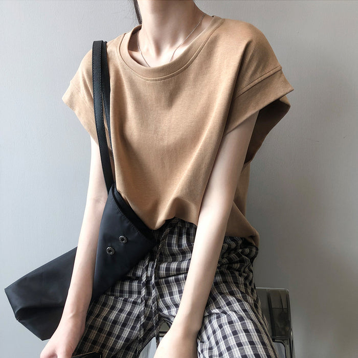 Sleeveless Design T shirt for Women Spring Summer Solid Color Round Neck Loose Slimming Vest Top