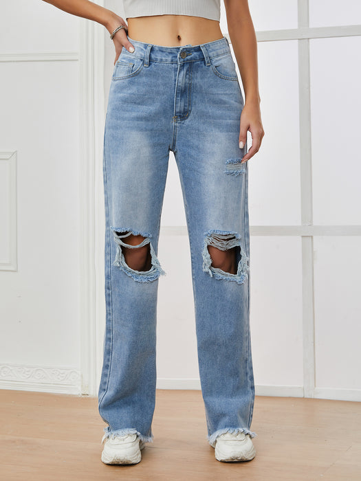 Women Clothing Jeans High Waist Ripped Raw Hem Wide Legs Denim Trousers