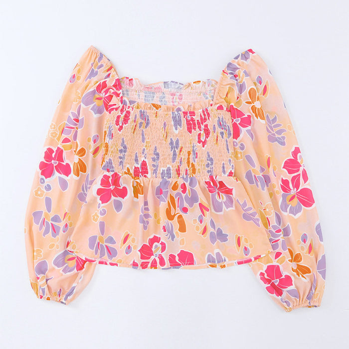 Autumn Printed Chiffon Shirt Women Thin Sweet Slipover Square Collar Long Sleeve Top Women