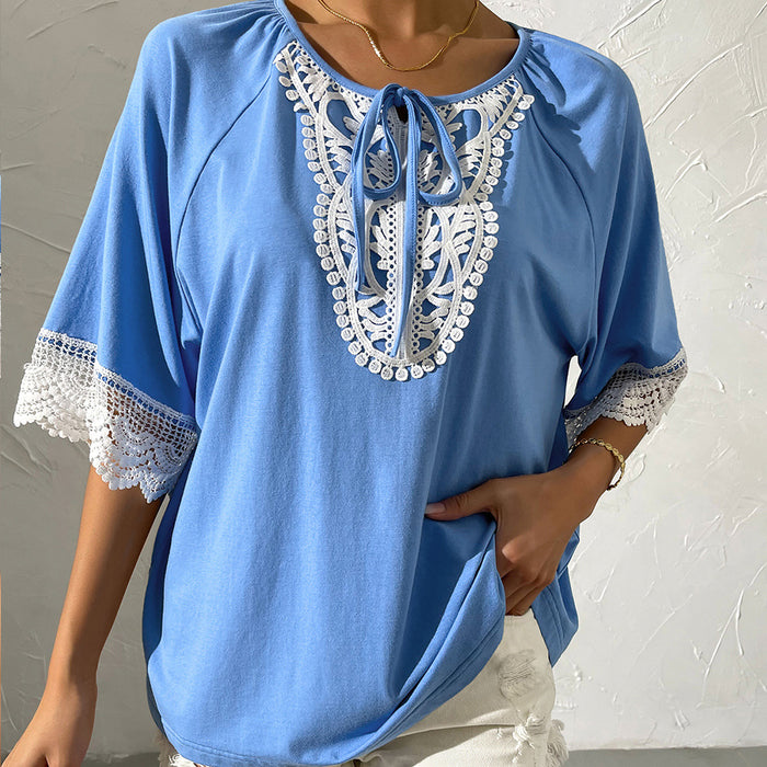 Women Summer National Lace round Neck Lace Stitching Loose Short Sleeve Top