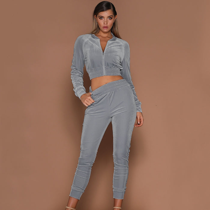 Women Autumn Winter Solid Color Zipper Sweater Ankle-Tied Sports Trousers Two-Piece Suit Women