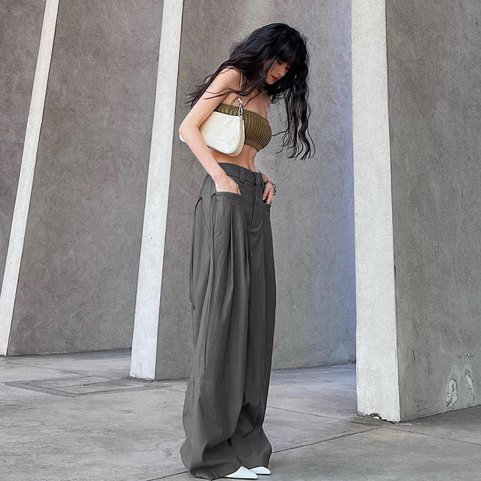 Distressed Gray Woven Straight Leg Pants Women Sexy High Waist Loose Slim Fit Draping Ribbon Trousers