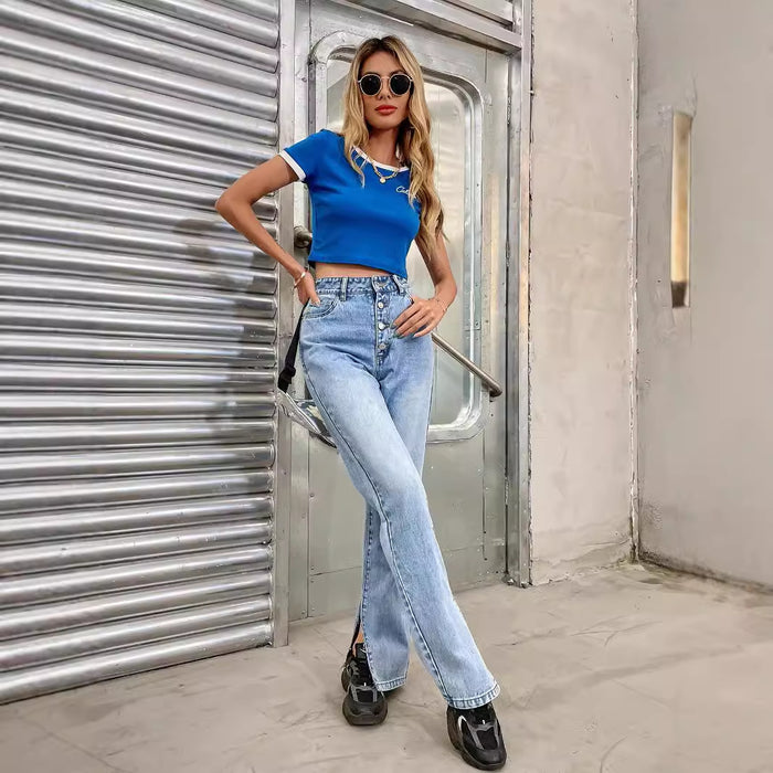 Women Clothing Straight Loose High Waist Slit Jeans Trousers