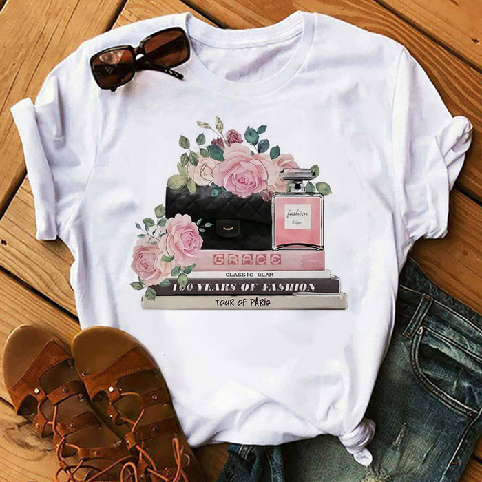 Women T shirt Spring Summer Women Clothing Top Print round Neck Top T-shirt