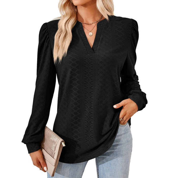 Autumn Winter Solid Color V neck Jacquard Long Sleeve Loose-Fitting T-shirt Top Ladies