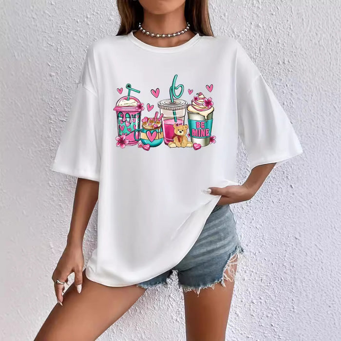 Summer Ladies Casual All Match Round Neck Cartoon Beverage Printing Short Sleeve Loose T Shirt