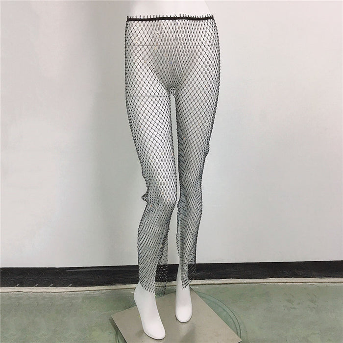 Women Clothing Sexy Fishnet Slit Pants Waist Slimming Fishnet Straight Leg Pants Mesh Rhinestone Fishnet Pants