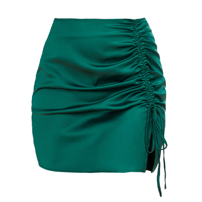 Solid Color Pleating Hip Skirt Sexy High Waist Zipper Satin Skirt Women Summer Women Clothing