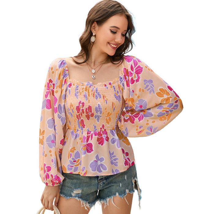 Autumn Printed Chiffon Shirt Women Thin Sweet Slipover Square Collar Long Sleeve Top Women