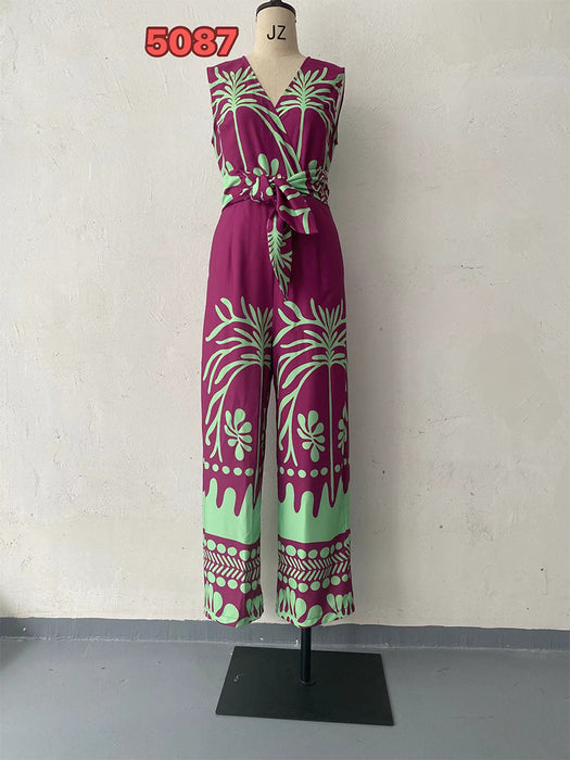 Spring Printed V Neck Sleeveless Slim Belt Wide Leg Jumpsuit Women Clothing