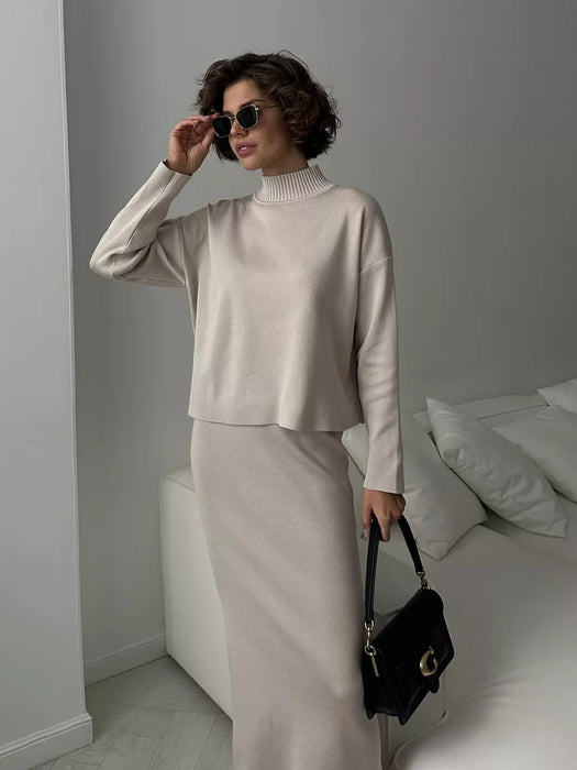 Autumn Winter Women Knitwear Turtleneck Soft Sweater Knitted Skirt Elegant Suit