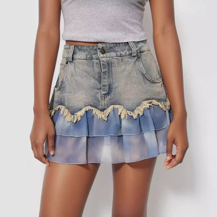 Denim Skirt Women Summer Design Ruffled Splicing Skirt High Waist A line Sexy Skirt