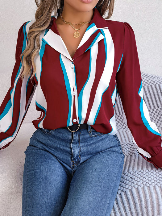 Autumn Winter Casual Contrast Color Striped Suit Collar Long Sleeve Shirt Women