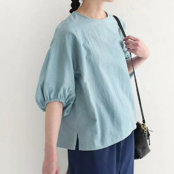 Summer Cotton Linen T Shirt Women Simple Solid Color Loose Idle Puff Sleeve Short Sleeve Top