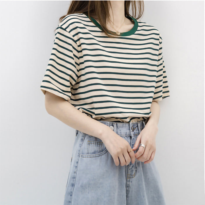 Women Short Sleeved T shirt Summer Thin Loose Cotton Green Striped T shirt Women Top Clothes