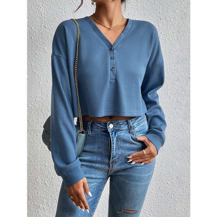 Spring V neck Long Sleeved T shirt Women