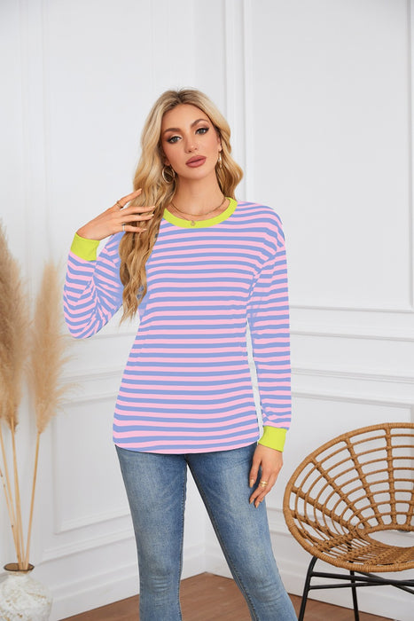 Women Clothing Striped Pattern round Neck Long Sleeve Casual Sweatshirt Top for Women