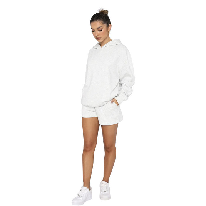 Autumn Winter Solid Color Pullover Hooded Long Sleeves Sweaters Women Clothing Casual Shorts Suit