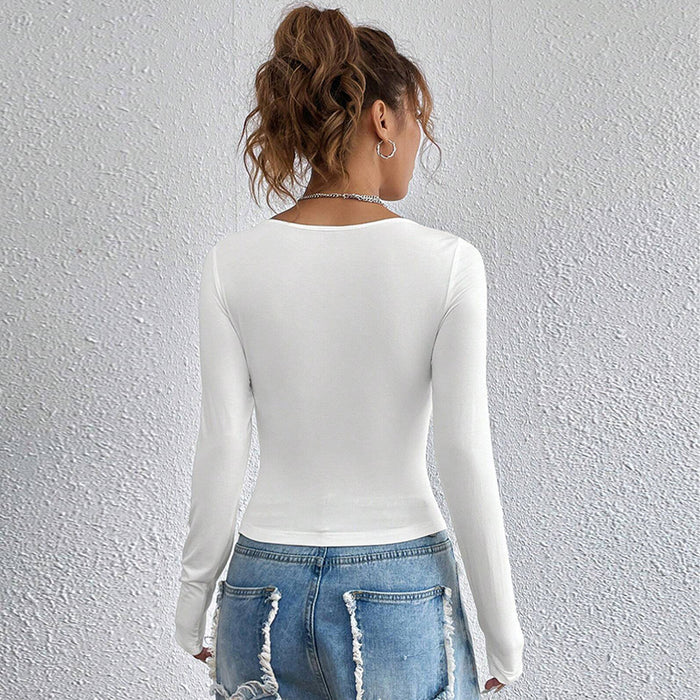 Women Clothing Autumn Winter Slim Fit Square Collar Long Sleeved T shirt Solid Color Casual Waist Top