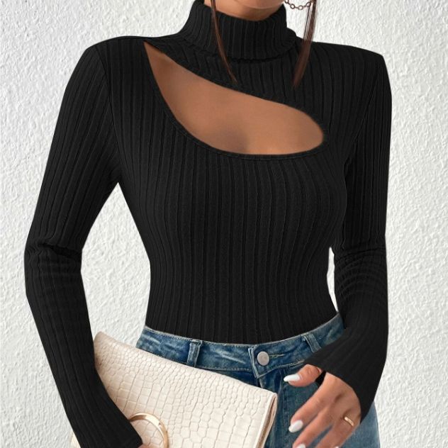 Autumn Front Chest Hollow Out Cutout Bottoming Shirt Women Turtleneck Long Sleeved Fitted T Shirt Women