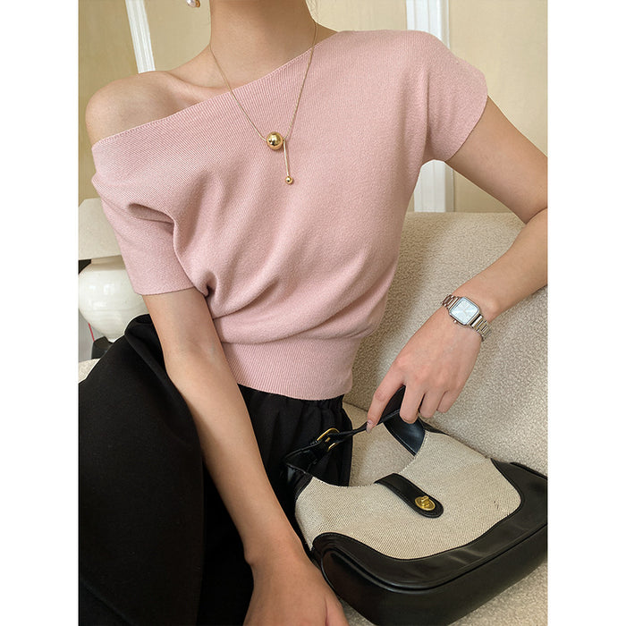 French Simplicity Elegant Raglan Sleeve Short Sleeved Sweater Top Bottoming Shirt Early Spring