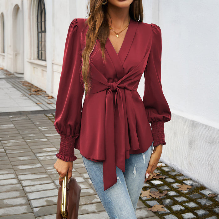 Women Clothing Autumn Winter Casual V neck Solid Color Long Sleeved Top