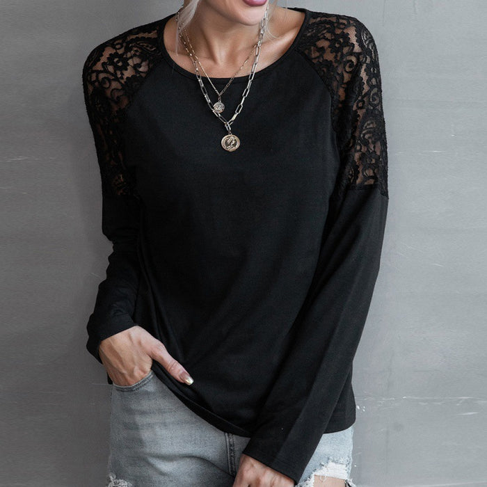 Lace Patchwork round Neck Long-Sleeved T-shirt Hollowed Casual Loose Bottoming Shirt Top for Women