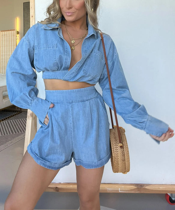 Women Wear Denim Shirt Deep V Plunge Long Sleeve Sexy Shorts Sets