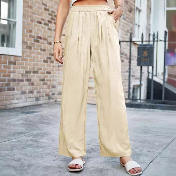 Women Casual Comfortable Loose Silk Pleated Elastic High Waist Wide Leg Pants