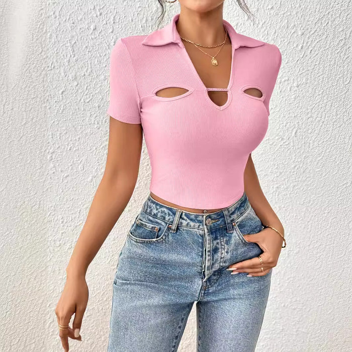 Collared Low Cut Short Sleeved Cropped Women T Shirt Vest