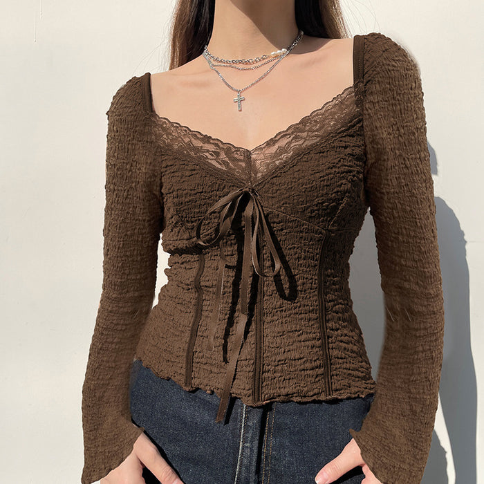 European Retro Low Cut V neck Lace Stitching Ruffle Lace up Long Sleeve Special Interest Design Slim Fit Texture Knitted Top