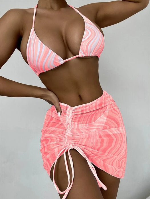 Split Swimsuit Women Sexy Stripes Bikini Swimming Strap Mesh Swimsuit Three Piece Set