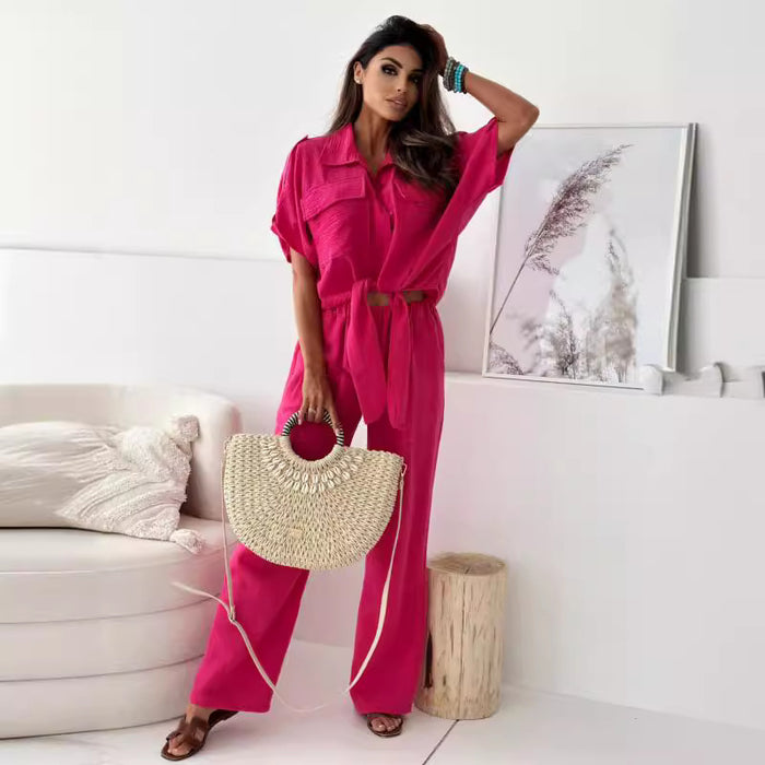 Women Clothing Women Clothing Supply Solid Color Half Sleeve Trousers Suit