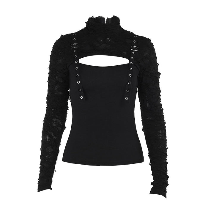 Autumn Personalized Sexy All Match Ripped Fabric Stitching Long Sleeved Top for Women