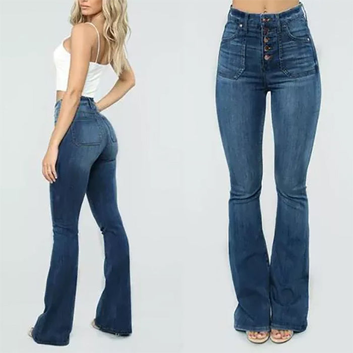 Spring Summer Patch Pocket Washed Clinch Women High Waist Denim Pants