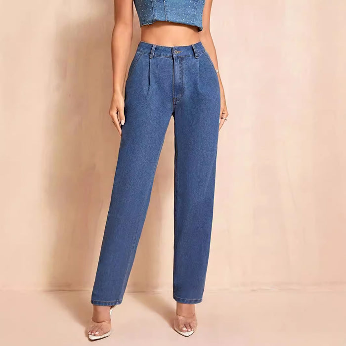 Women Clothing Fashionable Simple Casual High Waist Straight Leg Denim Trousers