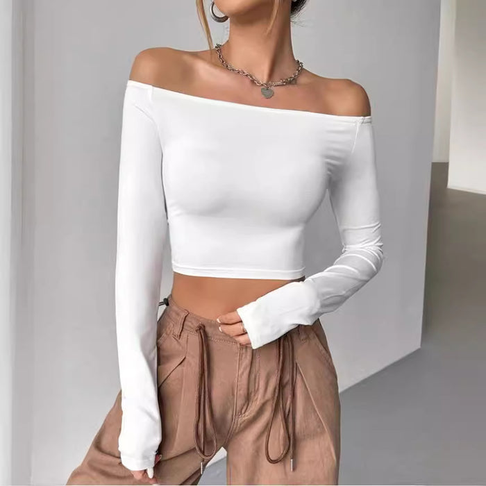 Summer Solid Color Off Neck Back Hollow Out Cutout Out Short Long Sleeve Tee