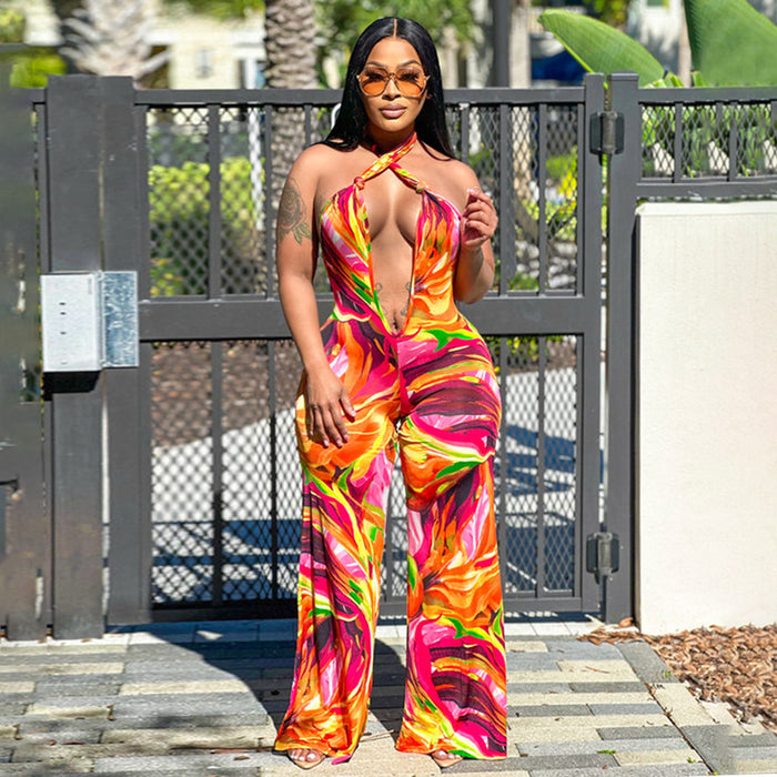 Women Wear Printed Cropped Halter Backless Jumpsuit