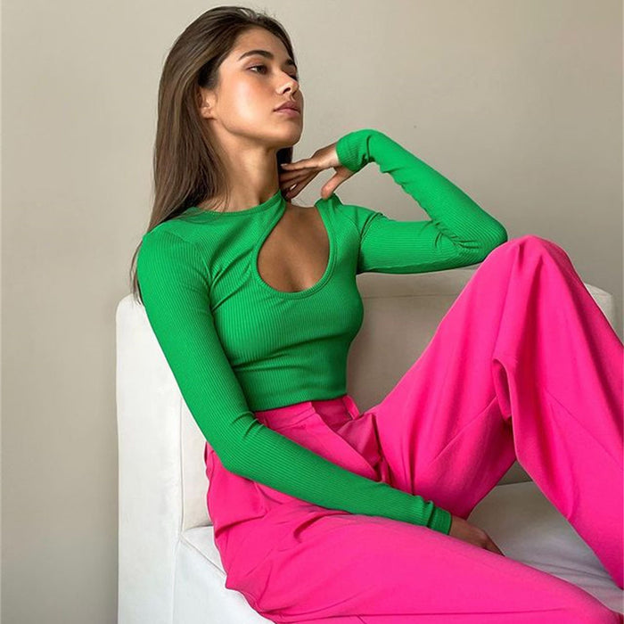 Rib Hollow Out Cutout out Bodysuit Women Spring Long Sleeve Sexy Top Simple Slimming