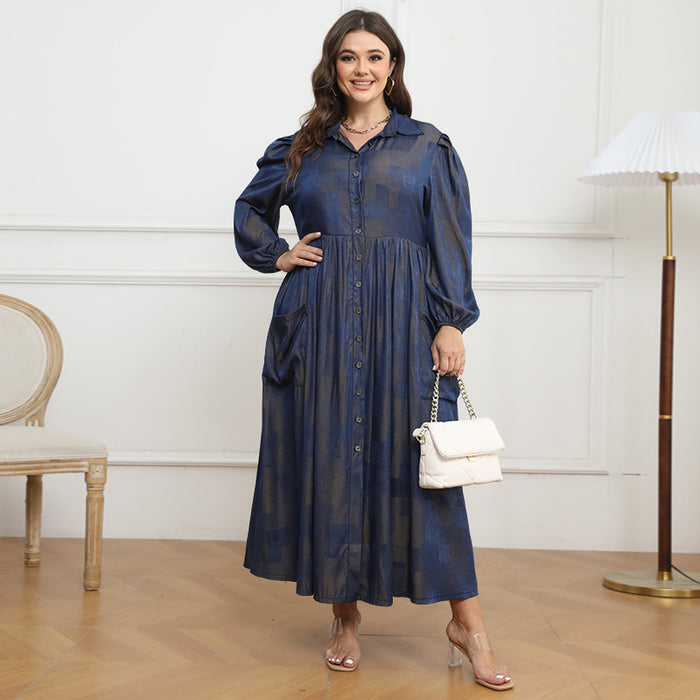 Plus Size Women Button Collared Long Sleeve Maxi Dress