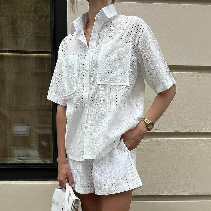 Summer Suit Women Hollow Out Cutout Out Short Sleeved Collared Shirt Women Shorts Lace Women Two Piece Suit