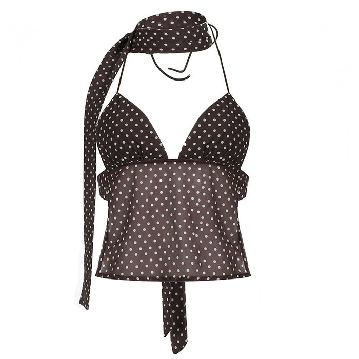 Sweet Spicy Fashionable Polka Dot Printed Sexy V Neck Back Lace Up Scarf Camisole Sexy Slimming Top